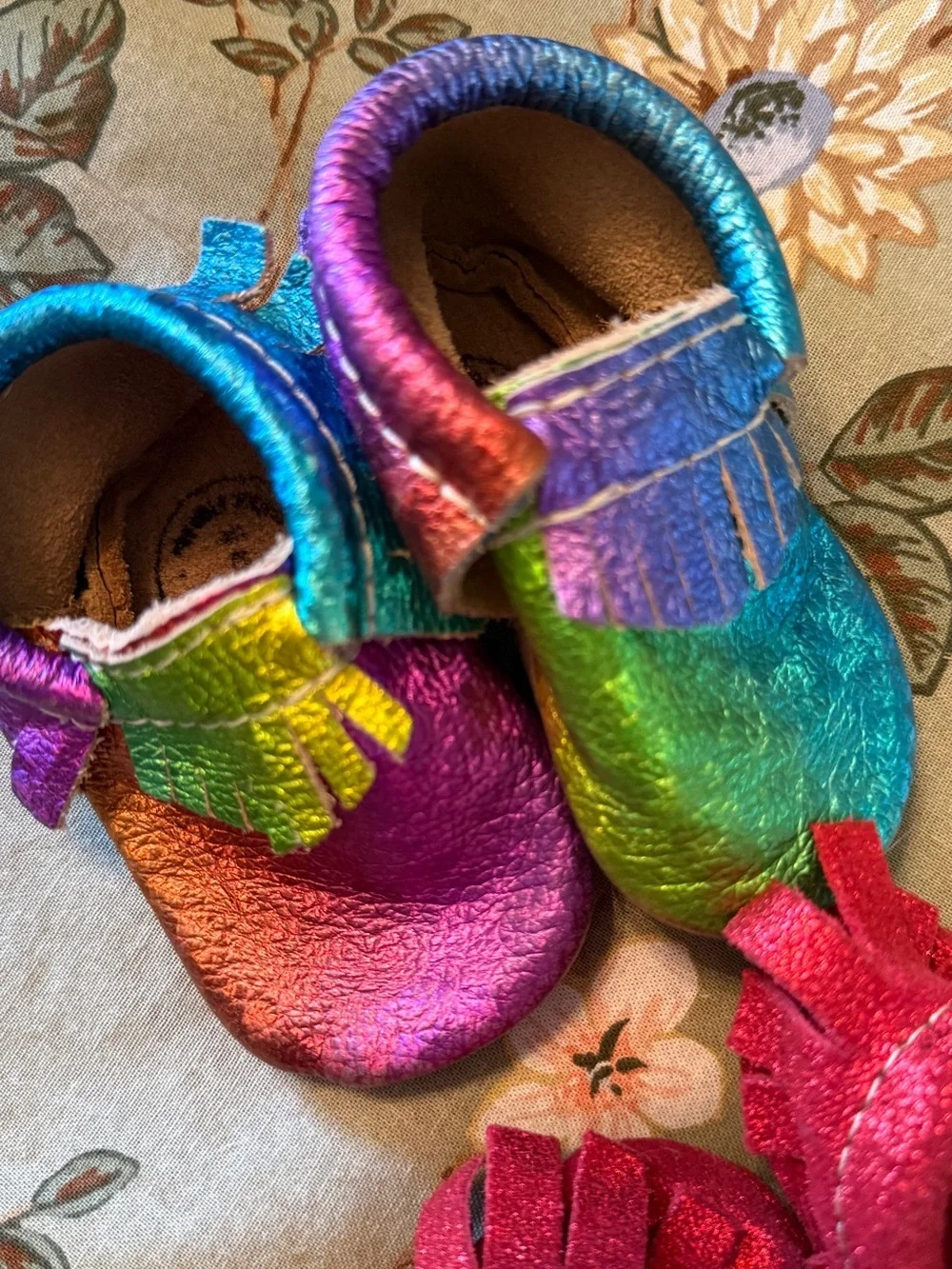 Freshly Picked Rainbow / Red Fringe Moccasin Shoes - Soft Baby Moccs Bundle
